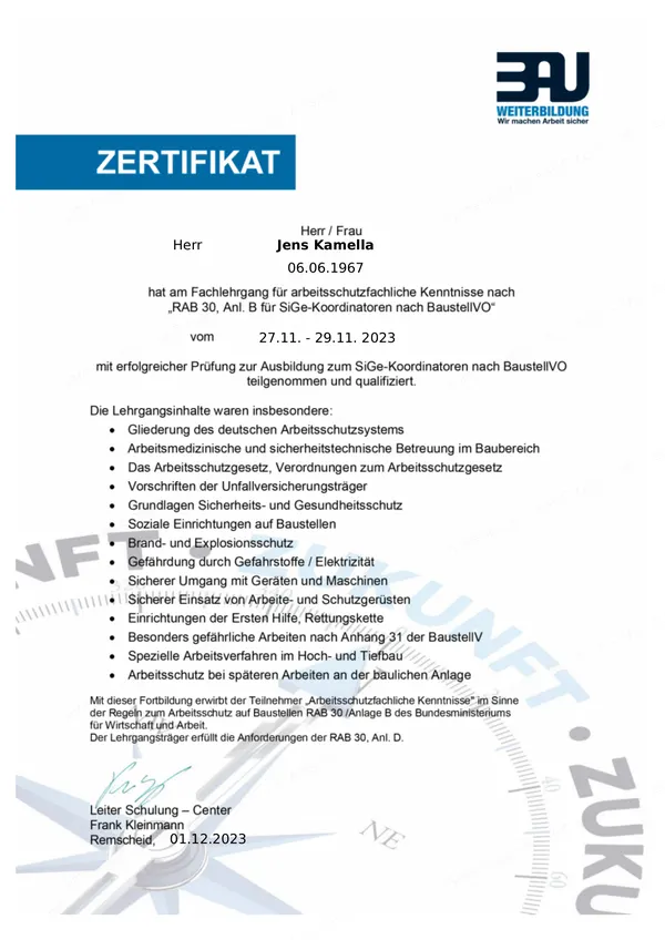 Zertifikat SiGe-Koordinator BaustellV RAB 30